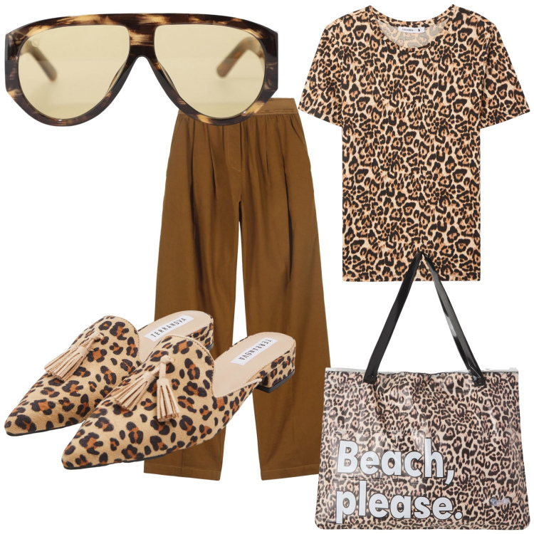 Outfit donna - Ricordo della spiaggia. Stile Trendy per Ufficio. Abbinamento con t-shirt, sabot, borse tote, occhiali da sole, pantaloni.