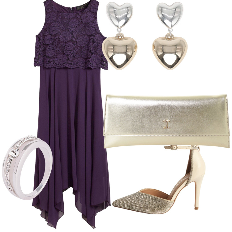 Outfit donna - Anniversario. Stile Glamour per Serata fuori. Abbinamento con vestiti midi/longuette, anelli, décolleté, orecchini, pochette.