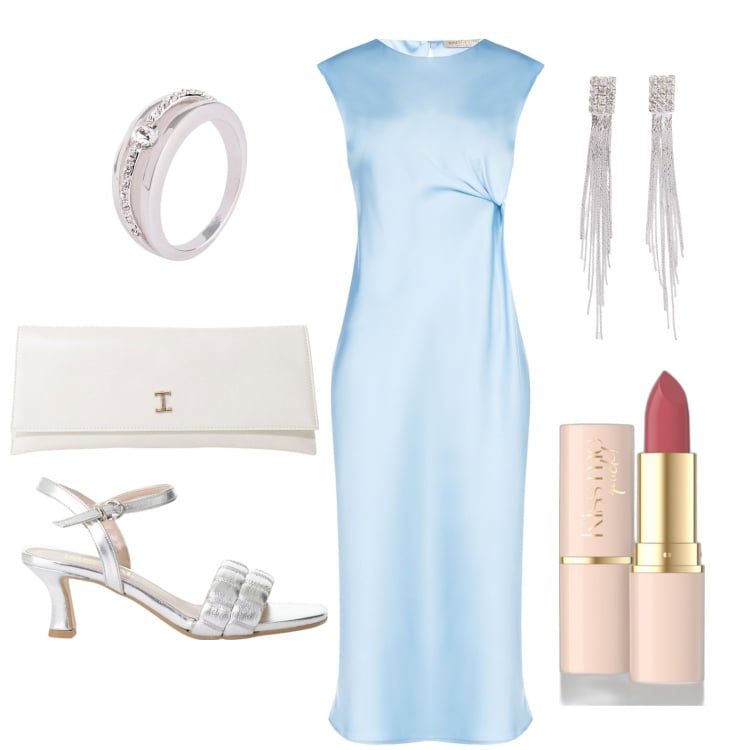 Outfit donna - Semplicemente celeste. Stile Chic per Serata fuori. Abbinamento con orecchini, anelli, rossetti, vestiti midi/longuette, sandali col tacco, pochette.