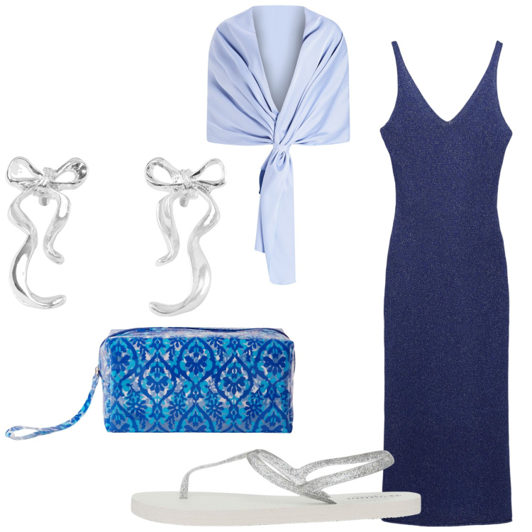Outfit donna - Serata in spiaggia. Stile Chic per Serata fuori. Abbinamento con pochette, orecchini, vestiti lunghi, sandali, stole.