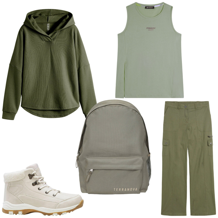 Outfit donna - Le mie amate montagne. Stile Casual per Sport. Abbinamento con pantaloni cargo, felpe, stivaletti, zaini, canottiere.
