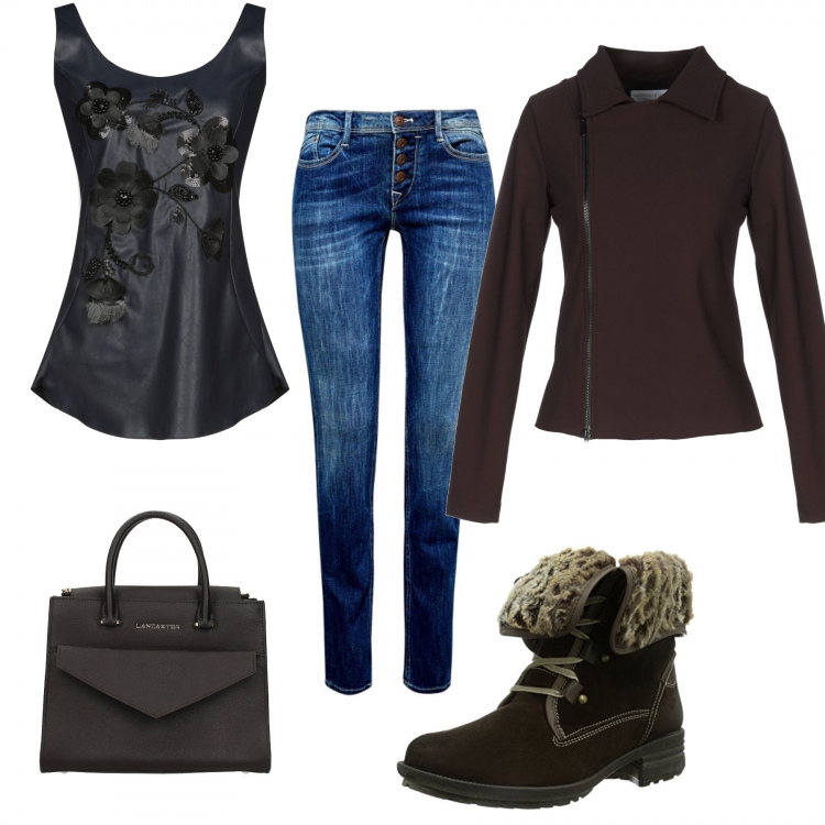 Outfit donna - Anfibi chic. Stile Chic per Tutti i giorni. Abbinamento con top con paillettes collo tondo senza maniche con zip in pelle sintetica tinta unita, giacca collo classico a maniche lunghe con zip interno sfoderato tinta unita, borsa a mano con logo frontale marrone, anfibi marrone, jeans slim fit blu e blu scuro.