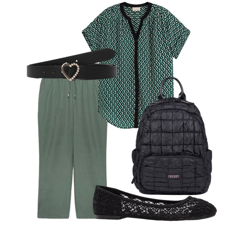 Outfit donna - Comoda in città. Stile Basic per Tutti i giorni. Abbinamento con camicie, ballerine, cinture, zaini, pantaloni.