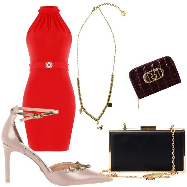 Outfit donna - the woman in red. Stile Sexy per Serata fuori. Abbinamento con pochette, décolleté, portafogli, vestiti lunghi, ciondoli.