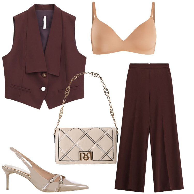 Outfit donna - Il completo Imperial. Stile Chic per Tutti i giorni. Abbinamento con reggiseni a balconcino, borse a tracolla, décolleté, pantaloni, gilet.