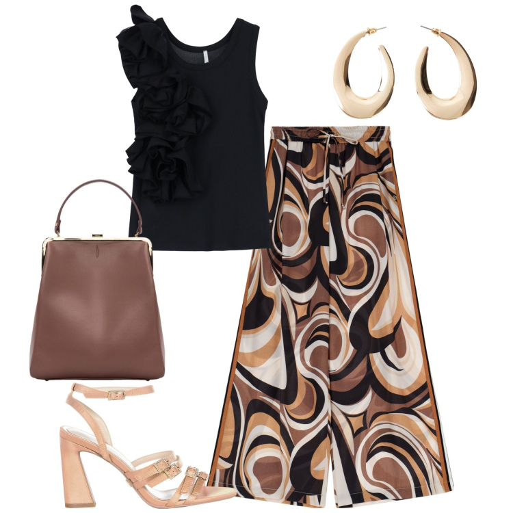 Outfit donna - Total look #2230786. Stile Urban per Tutti i giorni. Abbinamento con orecchini, sandali col tacco, pantaloni, top, borse a spalla.