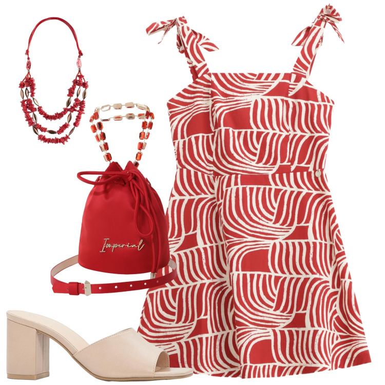 Outfit donna - Imperial. Stile Trendy per Tutti i giorni. Abbinamento con sandali col tacco, vestiti corti, borse a secchiello, collane.