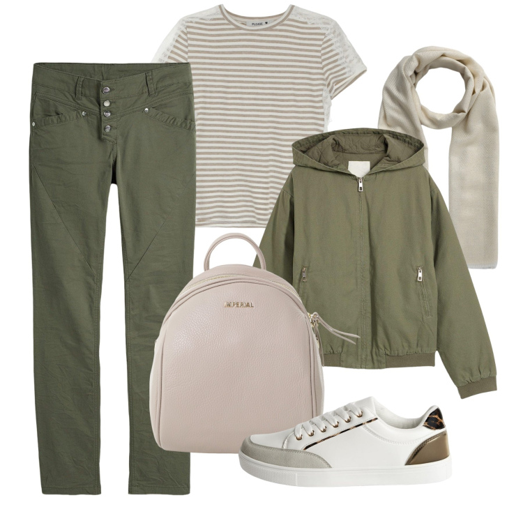 Outfit donna - Pronta per gli acquazzoni. Stile Urban per Tutti i giorni. Abbinamento con blazer, pantaloni sportivi, sneakers, foulard, t-shirt, zaini.