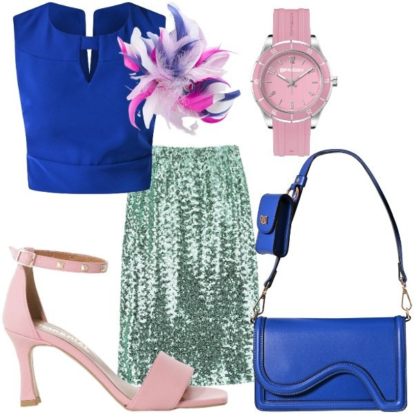 Outfit donna - colori pastello. Stile Chic per Serata fuori. Abbinamento con pochette, top, gonne longuette, sandali col tacco, orologi, accessori per capelli.