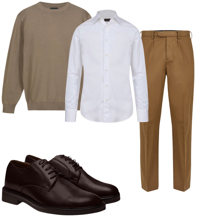 Outfit uomo - Inverno al lavoro. Stile Business/Elegante per Ufficio. Abbinamento con scarpe stringate, camicie, pantaloni, maglieria.