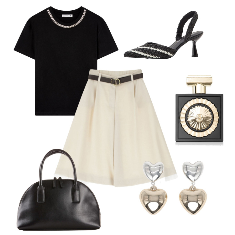 Outfit donna - I bermuda al ginocchio di sera. Stile Casual chic per Serata fuori. Abbinamento con shopping bag, décolleté, profumi, orecchini, t-shirt, pantaloni corti.