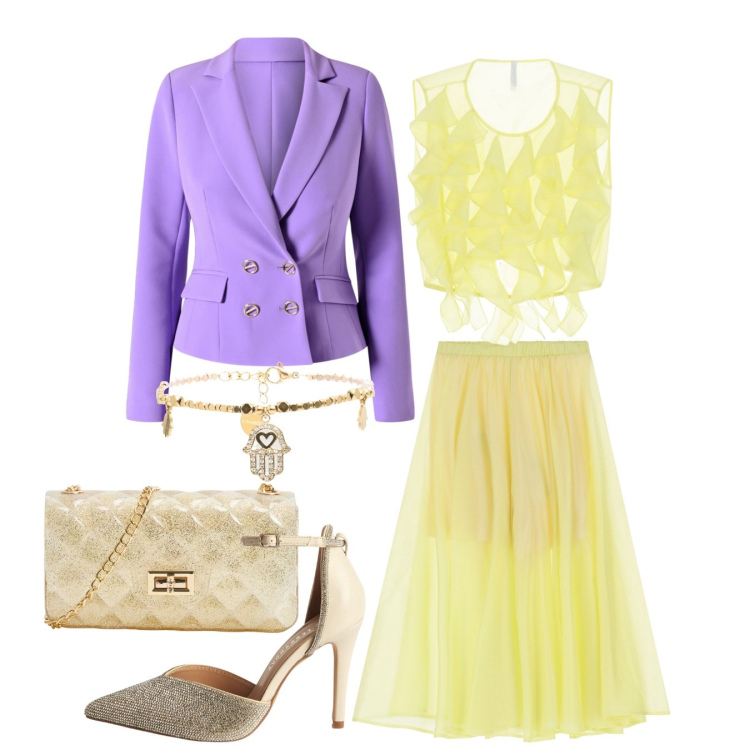 Outfit donna - Cerimonia in giallo e viola. Stile Chic per Cerimonia. Abbinamento con décolleté, borse a tracolla, blazer, top, pantaloni, braccialetti.