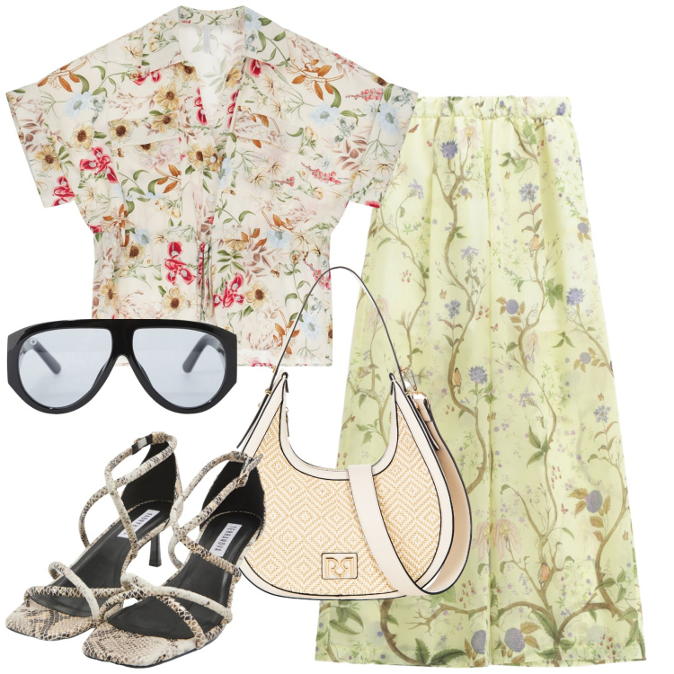 Outfit donna - Fantasie di fine agosto. Stile Casual chic per Tutti i giorni. Abbinamento con sandali col tacco, borse a mano, occhiali da sole, pantaloni, camicie a manica corta.