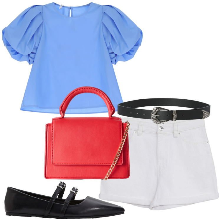 Outfit donna - Maniche a sbuffo. Stile Casual chic per Mare. Abbinamento con ballerine, shorts, borse a tracolla, cinture, bluse.