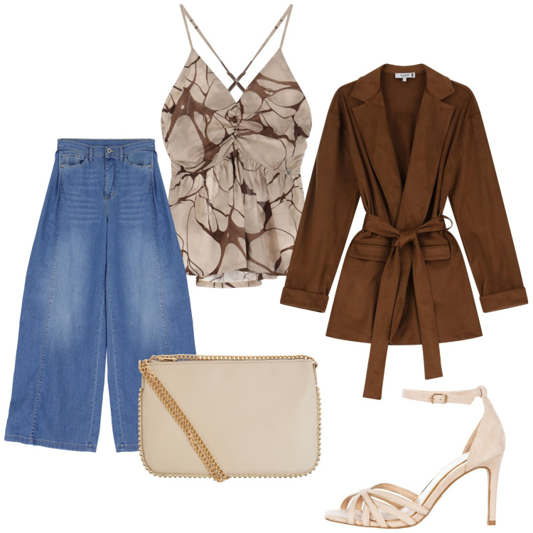 Outfit donna - Jeans e tacchi. Stile Trendy per Serata fuori. Abbinamento con borse a tracolla, sandali col tacco, jeans, canottiere, blazer.