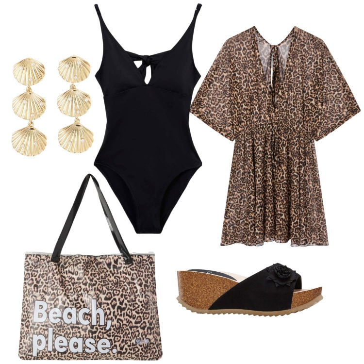 Outfit donna - Beach, please. Stile Etnico per Mare. Abbinamento con sandali, vestiti da spiaggia, orecchini, borse tote, costumi interi.