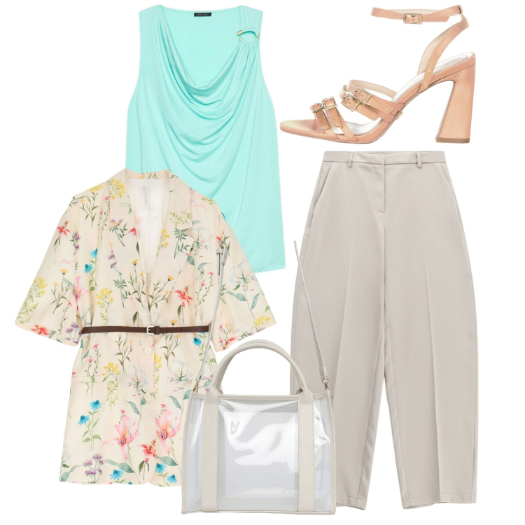 Outfit donna - Ufficio chic. Stile Bon Ton per Ufficio. Abbinamento con borse tote, sandali col tacco, blazer, pantaloni, top.