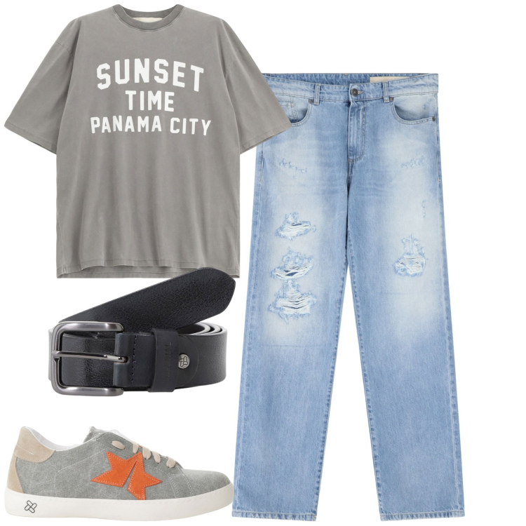 Outfit uomo - Total look #2230829. Stile Casual per Tutti i giorni. Abbinamento con cinture, sneakers, jeans strappati, t-shirt.