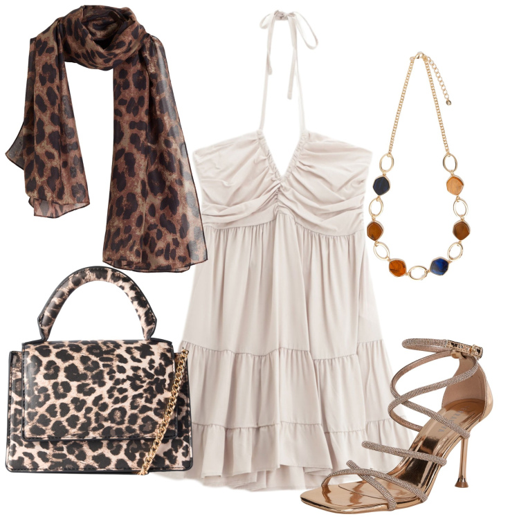 Outfit donna - Serata vivace. Stile Glamour per Serata fuori. Abbinamento con sciarpe, sandali col tacco, borse a tracolla, vestiti corti, collane.