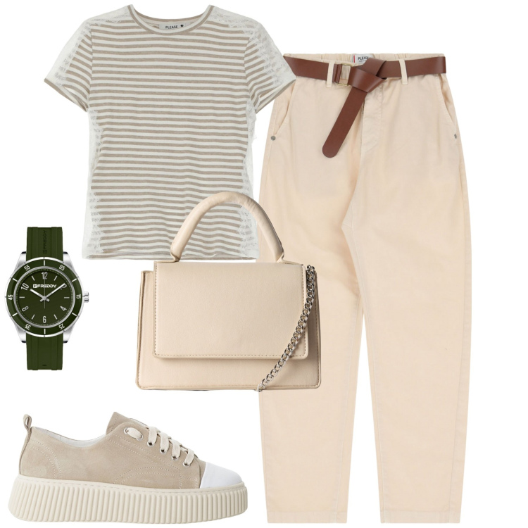 Outfit donna - Rientro in ufficio easy. Stile Casual chic per Ufficio. Abbinamento con borse a tracolla, pantaloni chino, t-shirt, sneakers, orologi.
