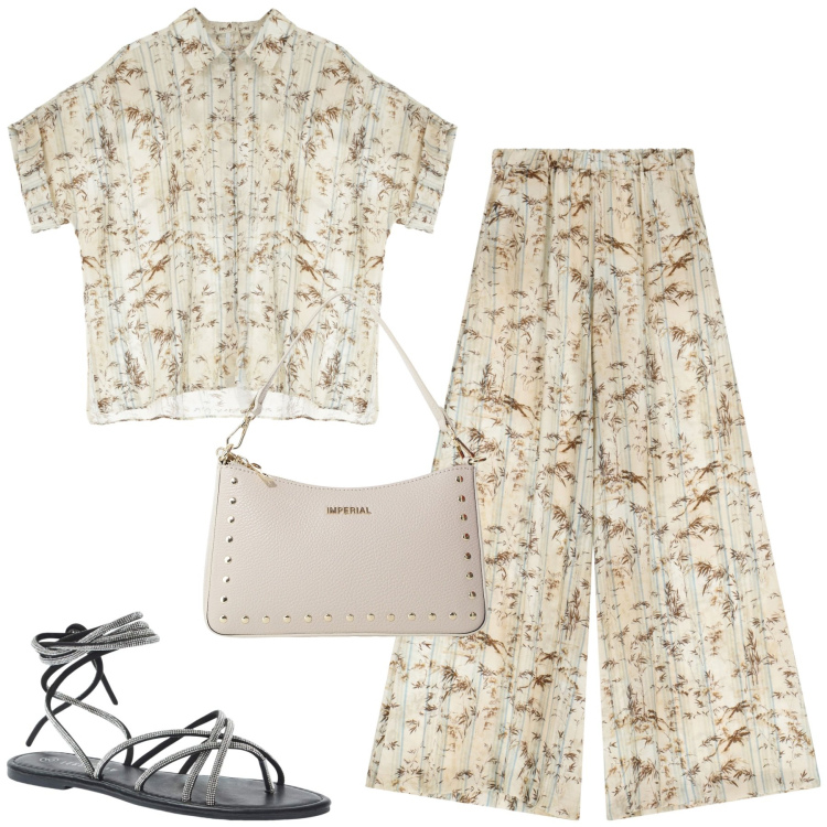 Outfit donna - Un delicato completo floreale. Stile Urban per Tutti i giorni. Abbinamento con sandali alla schiava, pantaloni, camicie a manica corta, borse a spalla.