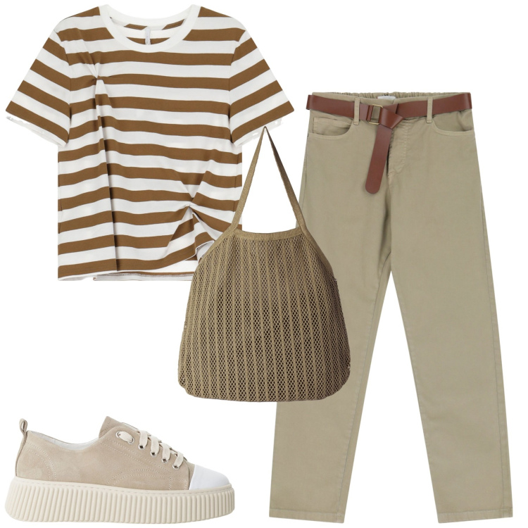 Outfit donna - In città. Stile Basic per Tutti i giorni. Abbinamento con borse tote, pantaloni, sneakers, t-shirt.