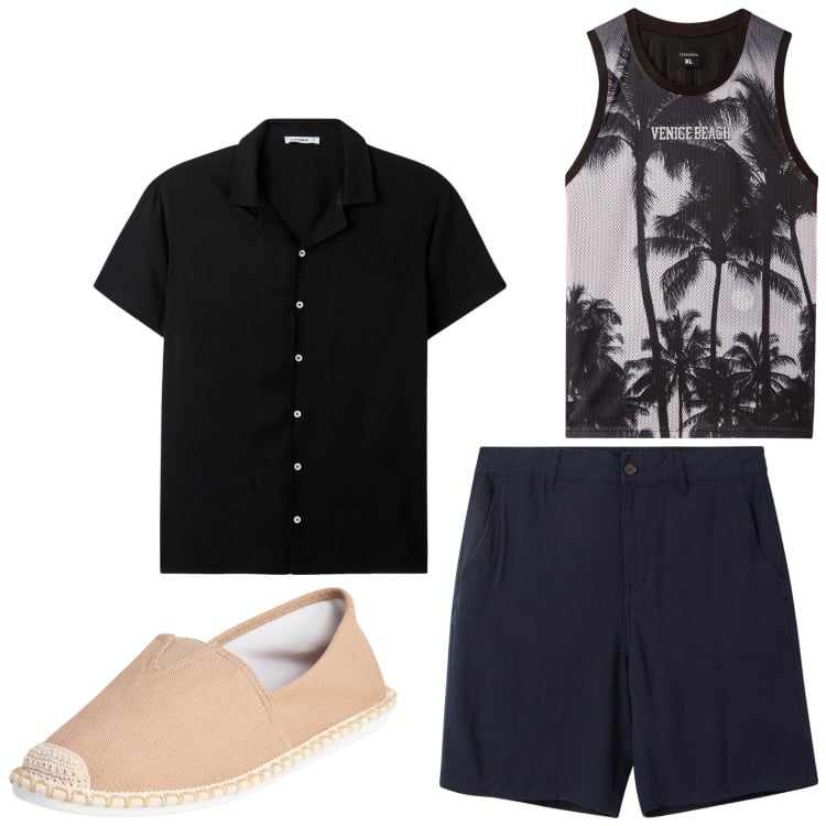 Outfit uomo - Con la testa in vacanza. Stile Casual per Tutti i giorni. Abbinamento con espadrillas, camicie a manica corta, pantaloni corti, canottiere.