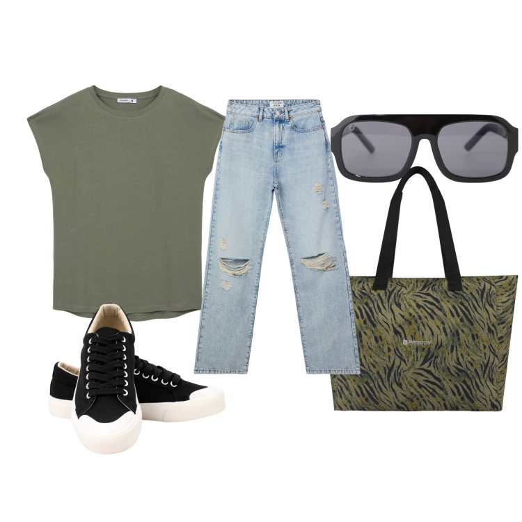 Outfit donna - Jeans e t-shirt. Stile Casual per Tutti i giorni. Abbinamento con jeans strappati, t-shirt, occhiali da sole, shopping bag, sneakers.