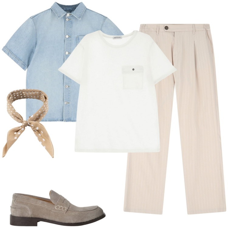 Outfit uomo - Tonalità polverose!. Stile Trendy per Serata speciale. Abbinamento con pantaloni, t-shirt, scarpe stringate, camicie a manica corta, sciarpe e foulard.