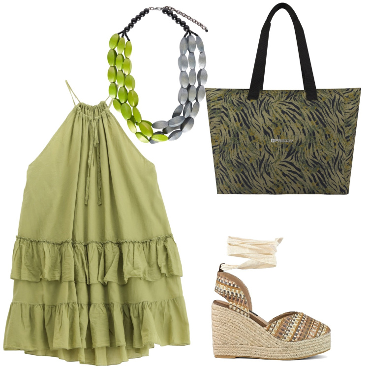 Outfit donna - La collana di Fiorella Rubino. Stile Casual per Mare. Abbinamento con shopping bag, vestiti corti, collane, zeppe.