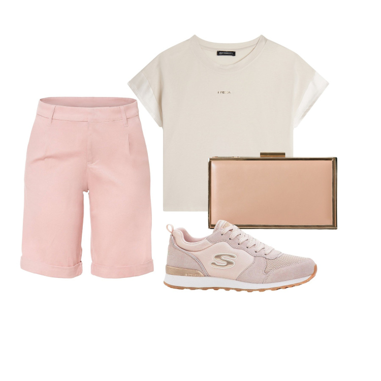 Outfit donna - Short rosa confetto. Stile Casual chic per Serata fuori. Abbinamento con bermuda, sneakers, pochette, t-shirt.