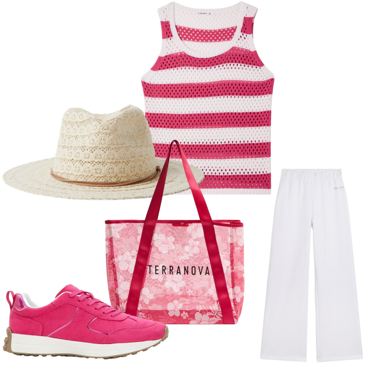 Outfit donna - Ancora in vacanza. Stile Casual per Tutti i giorni. Abbinamento con sneakers, shopping bag, cappelli, top, pantaloni.