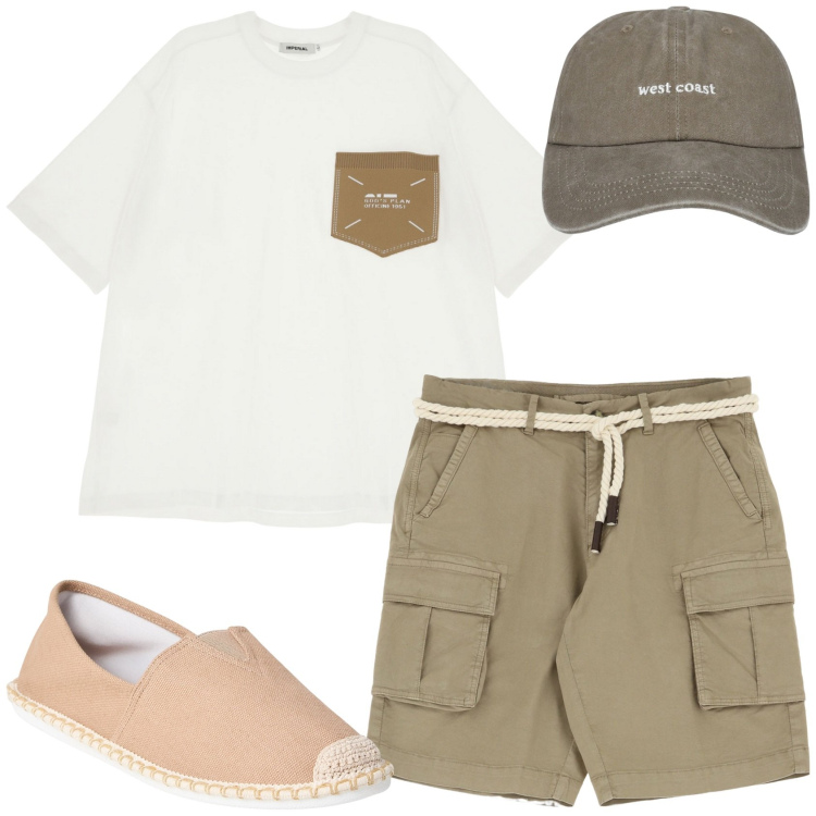 Outfit uomo - Eapadrillas beige. Stile Casual per Mare. Abbinamento con espadrillas, cappelli, t-shirt, bermuda.