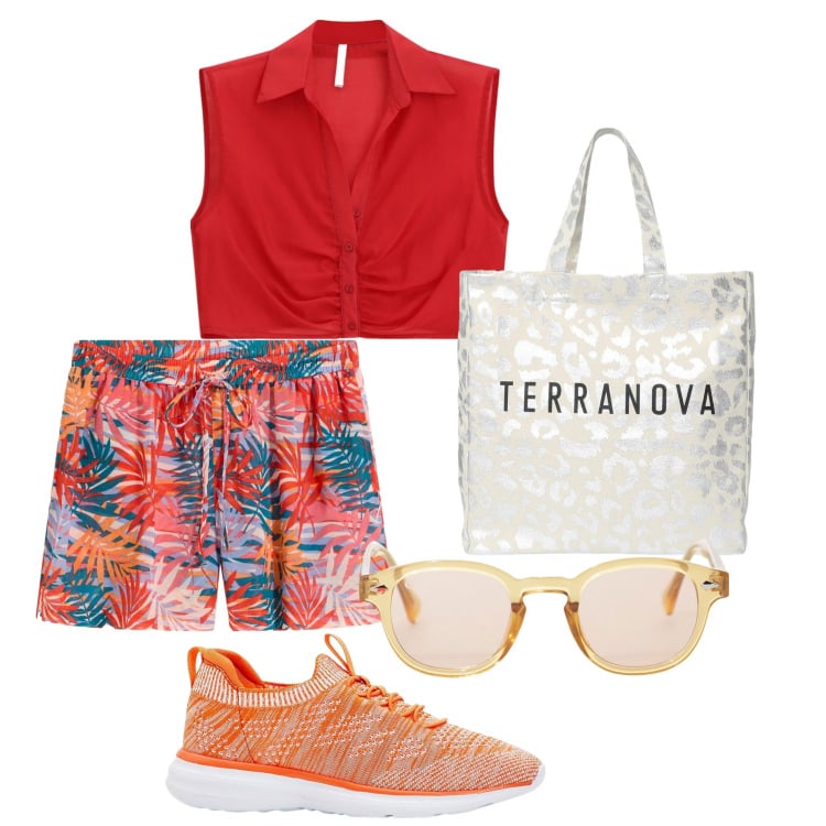 Outfit donna - La mia estate. Stile Trendy per Tutti i giorni. Abbinamento con sneakers, shorts, borse tote, occhiali da sole, top.