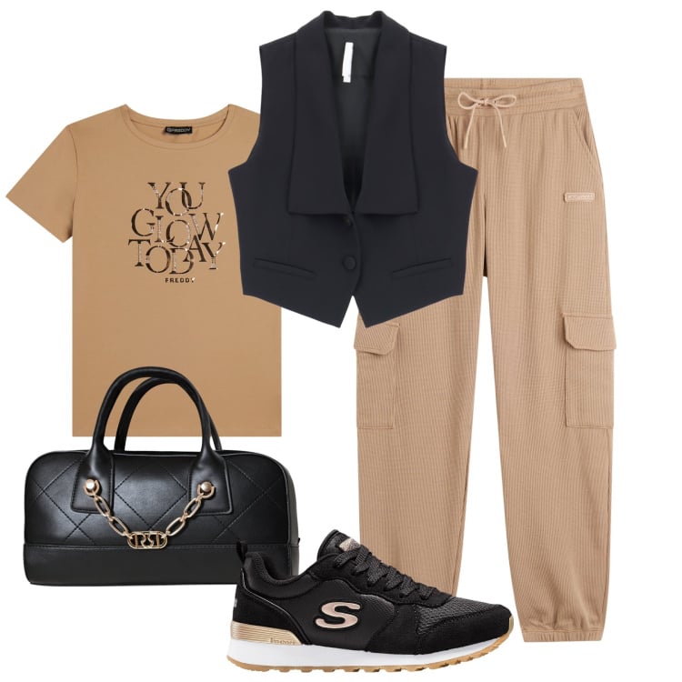 Outfit donna - Urbana sporty chic. Stile Sporty chic per Tutti i giorni. Abbinamento con sneakers, borse a mano, gilet, pantaloni sportivi, t-shirt.