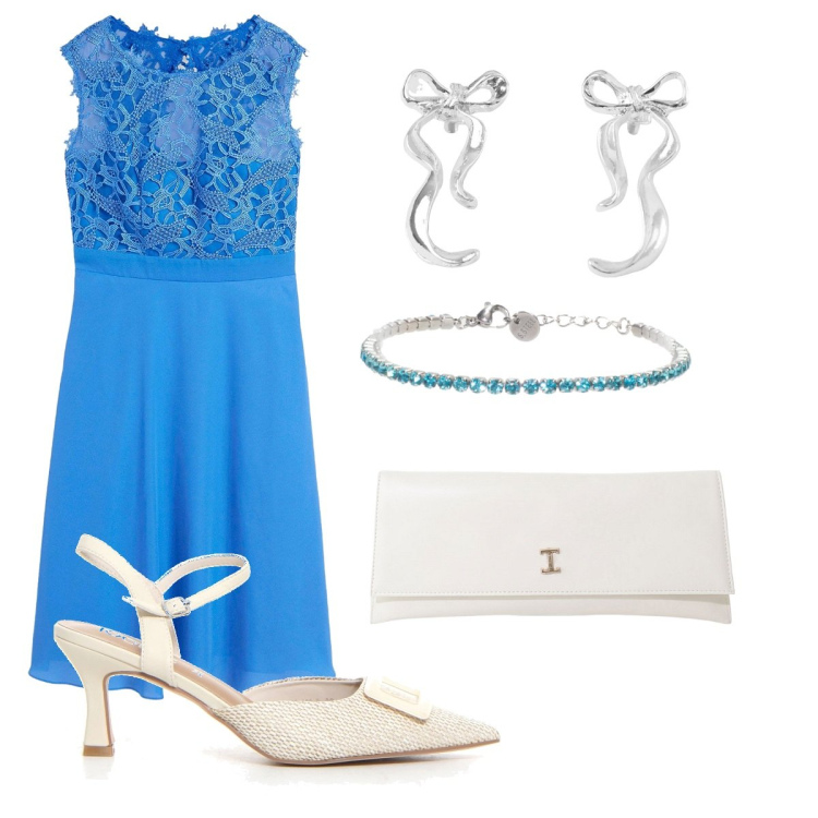 Outfit donna - Abito turchese da cerimonia. Stile Bon Ton per Cerimonia. Abbinamento con vestiti corti, orecchini, pochette, braccialetti, sandali col tacco.