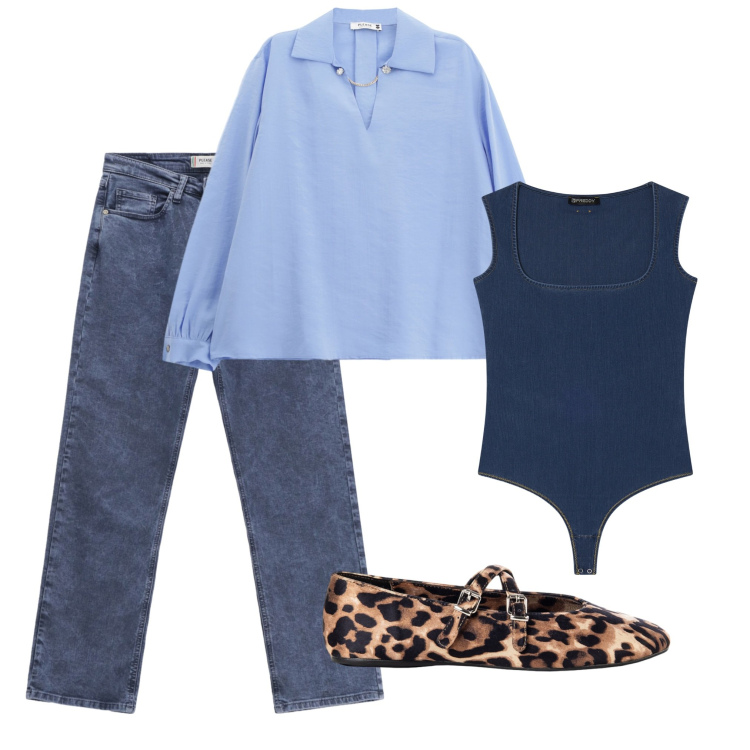 Outfit donna - Semplice jeans. Stile Casual per Tutti i giorni. Abbinamento con ballerine, camicie, jeans dritti, body.