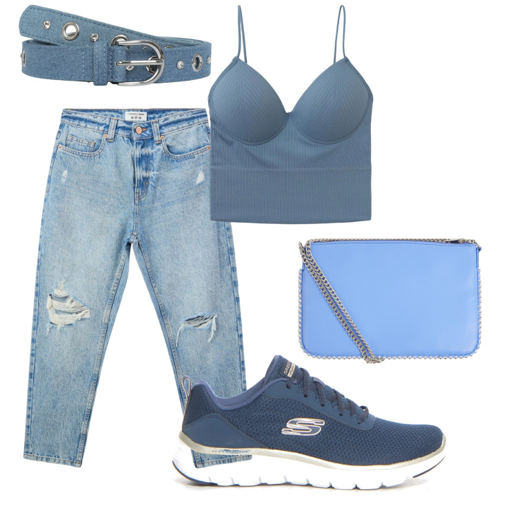 Outfit donna - Il potere del turchese 4. Stile Urban per Tutti i giorni. Abbinamento con jeans mom, cinture, borse a tracolla, top, sneakers.