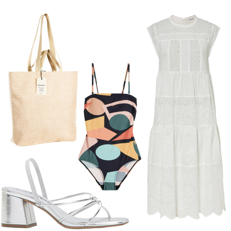 Outfit donna - Total look #2230893. Stile Casual chic per Mare. Abbinamento con vestiti midi/longuette, costumi interi, sandali col tacco, borse tote.
