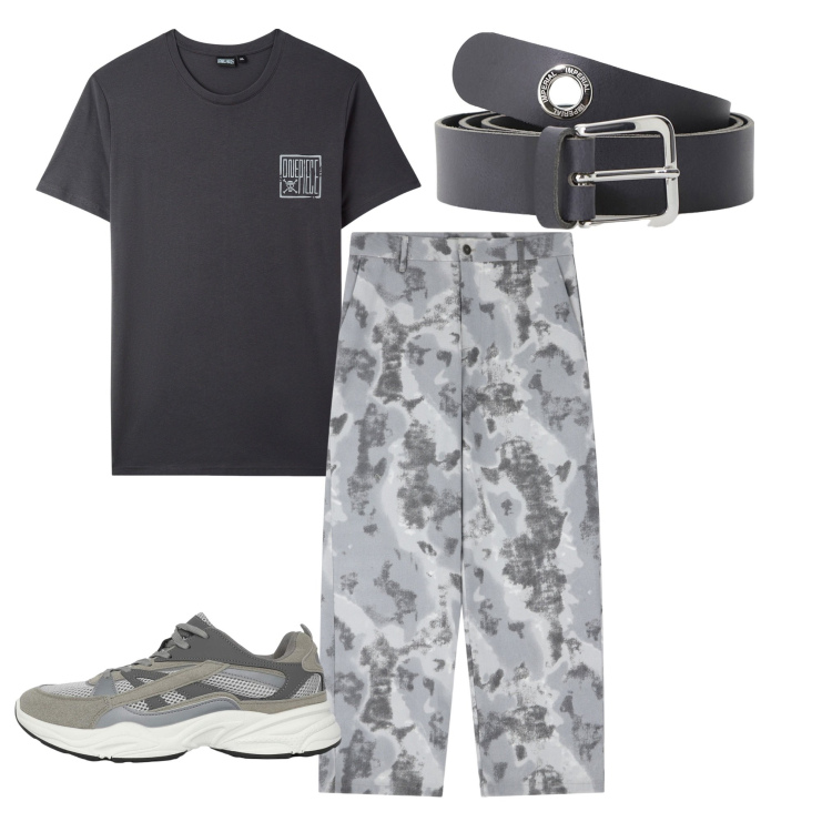 Outfit uomo - Il tocco grigio. Stile Urban per Tutti i giorni. Abbinamento con t-shirt, sneakers, pantaloni, cinture.