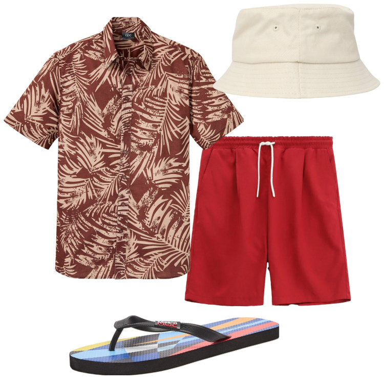 Outfit uomo - In spiaggia. Stile Trendy per Mare. Abbinamento con camicie a manica corta, sandali, cappelli, bermuda.