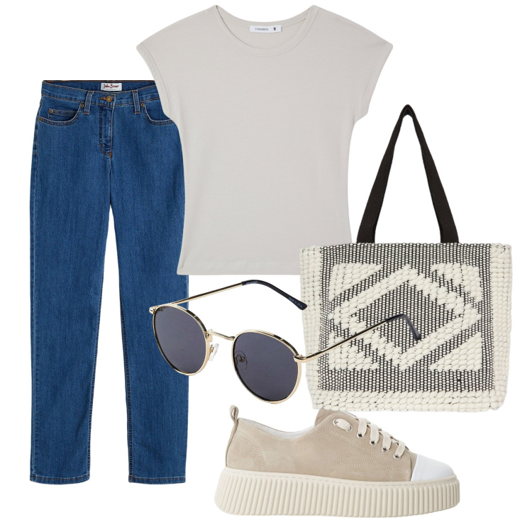 Outfit donna - Per il giorno. Stile Casual per Tutti i giorni. Abbinamento con jeans dritti, occhiali da sole, t-shirt, sneakers, shopping bag.