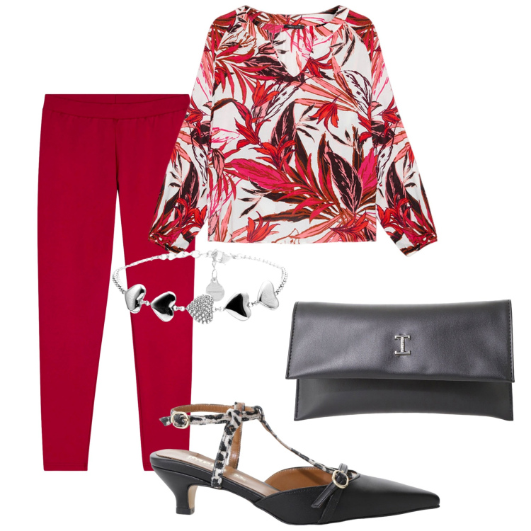 Outfit donna - Elegante signora. Stile Casual chic per Tutti i giorni. Abbinamento con décolleté, pochette, leggings, braccialetti, bluse.