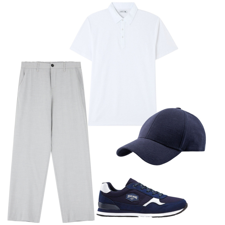 Outfit uomo - In città. Stile Casual per Tutti i giorni. Abbinamento con sneakers, polo, pantaloni, cappelli con visiera.