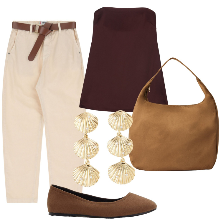 Outfit donna - Nei toni del marrone. Stile Casual per Tutti i giorni. Abbinamento con ballerine, orecchini, borse a mano, pantaloni chino, top.