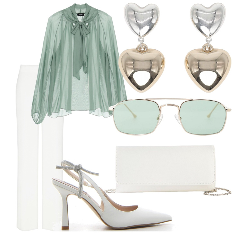 Outfit donna - Cena di lavoro. Stile Chic per Serata fuori. Abbinamento con pochette, orecchini, pantaloni a palazzo, occhiali da sole, bluse, décolleté.