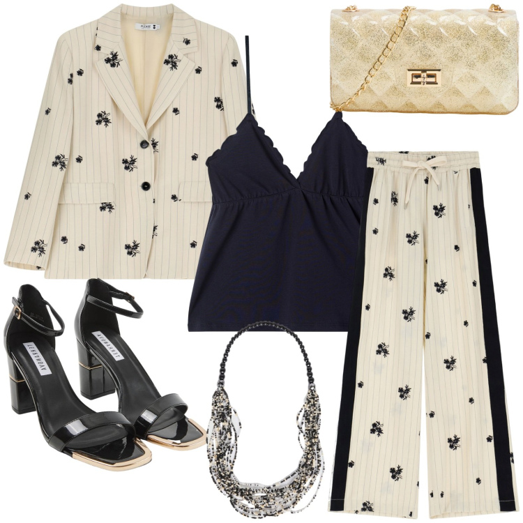 Outfit donna - Serata in tailleur. Stile Chic per Serata fuori. Abbinamento con borse a tracolla, sabot, canottiere, pantaloni, blazer, collane.