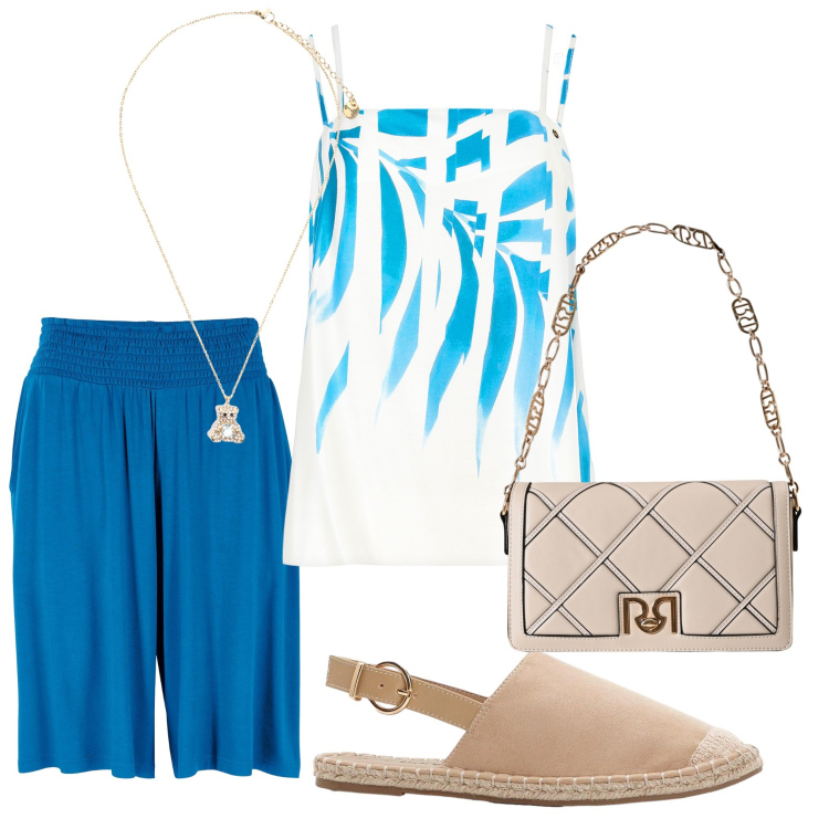Outfit donna - Pantaloni comodi. Stile Minimal per Tutti i giorni. Abbinamento con bermuda, espadrillas, borse a tracolla, top, ciondoli.