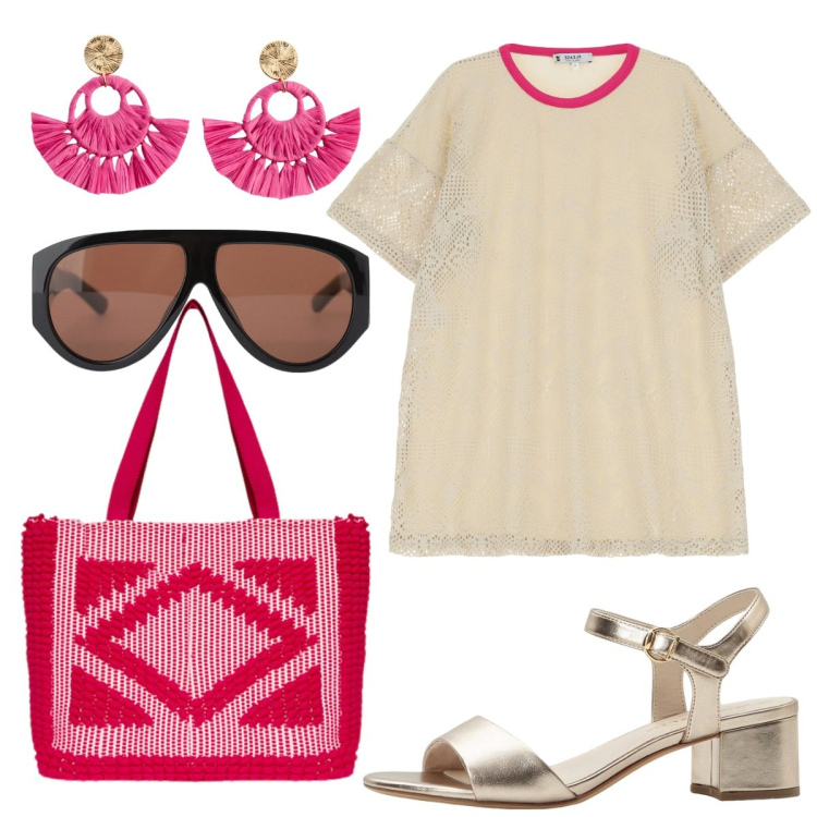 Outfit donna - Tempo di shopping. Stile Boho per Tutti i giorni. Abbinamento con orecchini, sandali col tacco, vestiti corti, occhiali da sole, borse a mano.