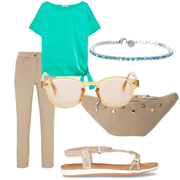Outfit donna - Due passi in villa. Stile Casual chic per Tutti i giorni. Abbinamento con pantaloni, occhiali da sole, marsupi, braccialetti, bluse, sandali in pelle.